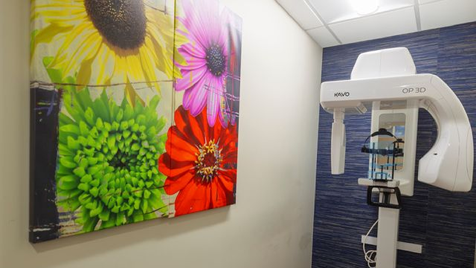 Floral wall art next to a CT cone beam scanner